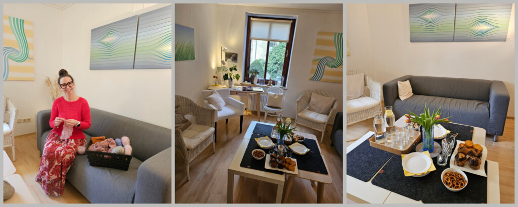 Bilder vom Stricktreff mit gedecktem Tisch und Kristin auf einem Sofa strickend